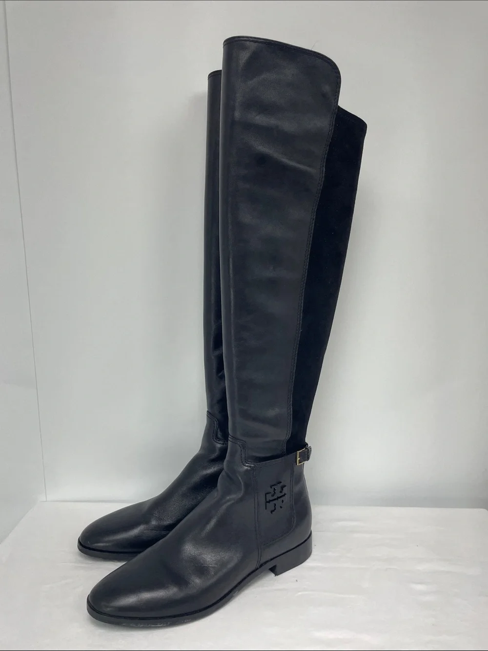 Tory Burch Black Leather & Stretch Over-the-Knee Riding Boots with Buckle